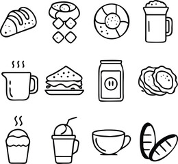 A Delightful Collection of Whimsical Food Icons Featuring Bread, Beverages, and Sweets Arranged in a Grid Pattern