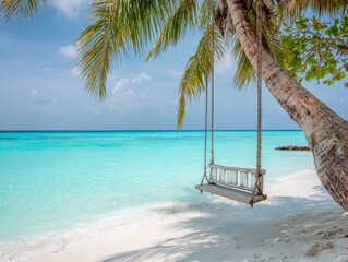 Wooden Swing Hanging from Palm Tree on Tropical Beach