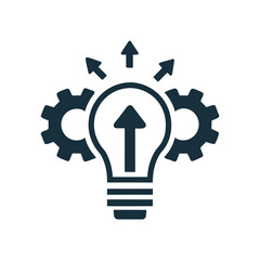 Dark blue lightbulb with gears and upward arrows on white background idea innovation