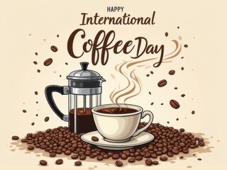 Elegant French Press Coffee Poster with Flowing Beans Design