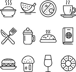 Diverse Food and Drink Icons Featuring Culinary Delights Books and Utensils Depicting Various Meal Options and Beverages