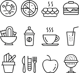 Delicious Food Icons Representing Breakfast Lunch and Dinner Options Ideal for Menus and Culinary Designs with Clear and Simple Line Art
