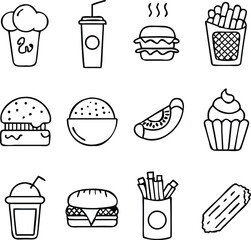 Outlined Fast Food Icons Representing Classic Treats and Meals, Perfect for Restaurant Menus and Food-Related Design Projects