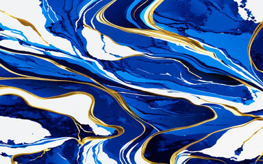 Abstract fluid art background with swirling patterns of deep blue, white, and shimmering gold...