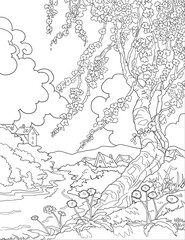 Obraz premium Simple Line Art Landscape – Hand-Sketched Nature Scene, Landscape drawing for kids, Landscape Coloring Book