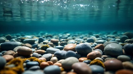 Serene Underwater Riverbed: Smooth Stones, Crystal Clear Water, Tranquil Scene - Powered by Adobe