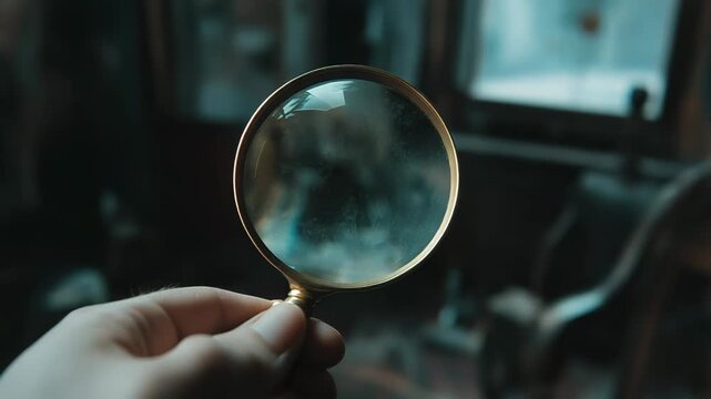 Hand holding magnifying glass exploring dark interior
