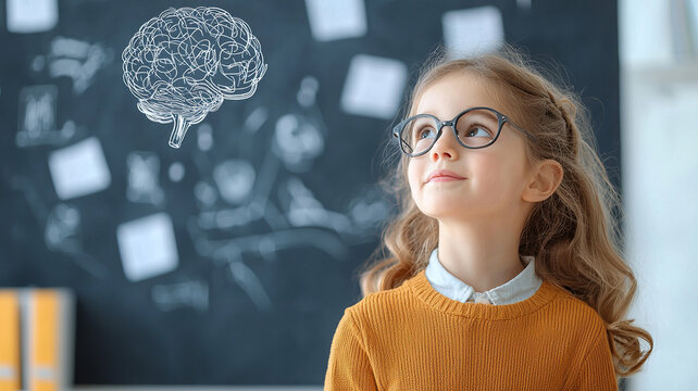Thoughtful girl with glasses gazes upward, envisioning creativity and learning classroom setting. chalkboard behind her features sketches