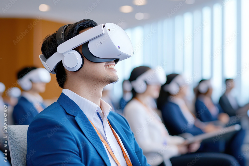 Poster student attending virtual reality lecture, engaged and smiling, surrounded by peers in modern classr