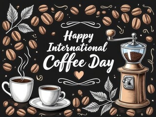 Artistic Coffee Poster with Pot and Espresso Machine Illustration