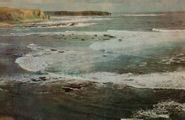 USSR, Russia - circa 1981: Postcard with a view of the Commander Islands. Coastal terraces of Bering Island. Retro postcard.