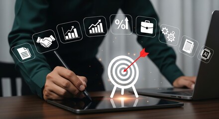 Businessperson Using Tablet with Digital KPI Dashboard and Business Icons