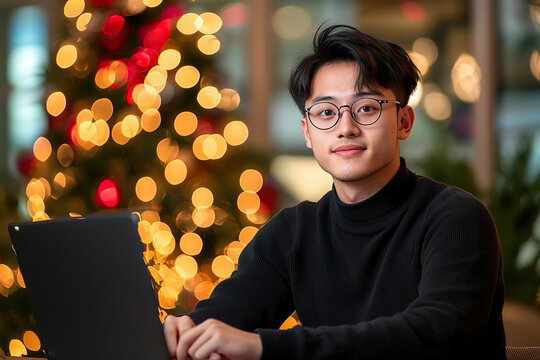 Student using laptop in cozy environment with festive background of blurred lights, showcasing warm and focused expression