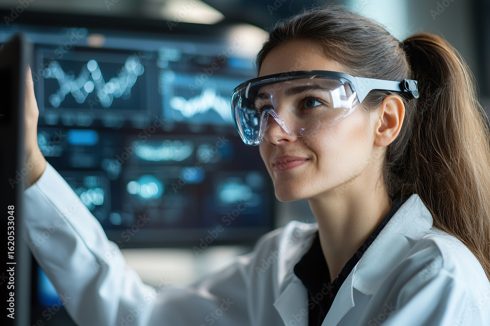 Poster focused scientist wearing protective eyewear analyzes data on computer screen in modern laboratory e