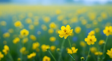 Vibrant Yellow Cosmos Flower in a Field.