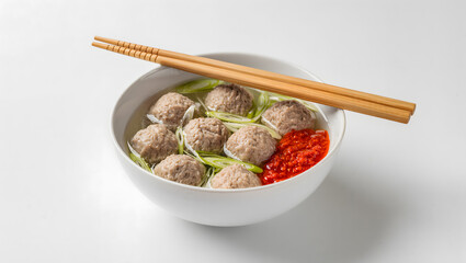 Minimalist modern presentation of bakso in a white ceramic bowl with chopsticks and sambal, isolated on a clean white background