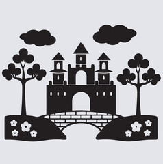 misty castle  silhouette vector art illustration, house in the forest