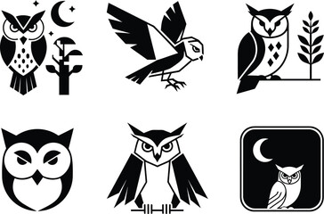 A set of six unique black and white vector owl icons in various styles and poses, perfect for modern logo, branding, and graphic design projects.