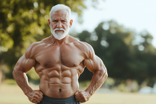 Fit senior man with defined muscles poses outdoors. Healthy lifestyle for older adults. Strength and fitness at any age. White beard. Gray hair. - Powered by Adobe