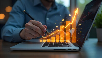 Businessman analyzing financial growth chart on laptop