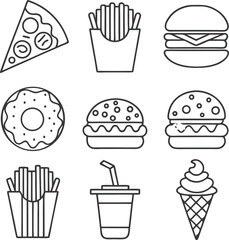 Fast Food Icons Line Art Collection Featuring Pizza, Fries, Burgers, Donut, Soda, and Ice Cream Cone Graphics