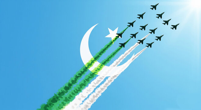Abstract green background with lines behind a blue sky military jet airshow formation, moon and star the pakistan flag on independence day