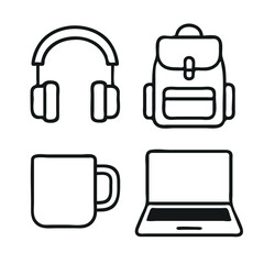 Obraz premium Remote Work and Digital Nomad Icons – Headphones, Backpack, Coffee Mug Vector Set