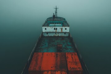 Abandoned merchant ship on a river delta in dense fog