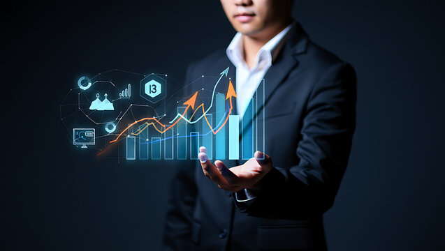 Businessman presenting digital financial data analysis suit