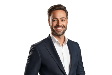 Portrait of a handsome young businessman in suit, smiling on face with glasses, isolated on transparent background