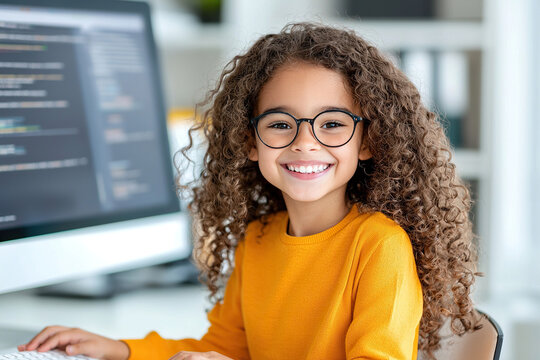 Young student with curly hair and glasses smiles while learning at computer, showcasing enthusiasm for technology and education