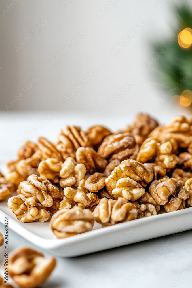Poster pile of walnuts: close-up shot of a square plate topped with walnuts. in the background is a christm