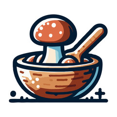 Flat Illustration Mushroom in Wooden Bowl with Spoon Cooking Ingredient