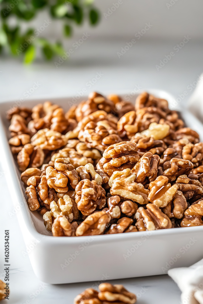 Poster bowl of healthy walnuts for snacking and baking, a rich source of nutrients in a light and airy stud
