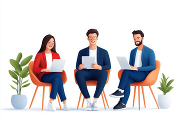 Obraz premium Three diverse individuals engaged in collaborative work session, smiling and using laptops in modern office setting, surrounded by plants