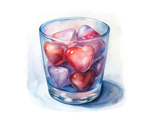 watercolor water glass with Heart-shaped Ice Cubes vector illustration isolated on white background