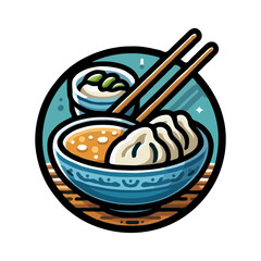 Flat Illustration Dumpling Delicious Food Bowl with Chopsticks Oriental Cuisine