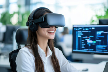 Innovative technology virtual reality smiling woman office environment computer screen headset modern workspace digital interaction