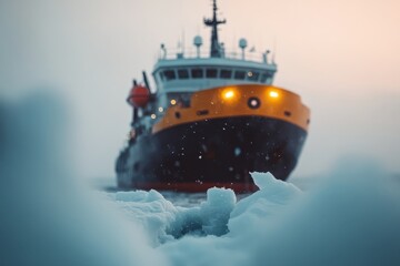 Icebreaker crushes ice floes in frozen arctic ocean