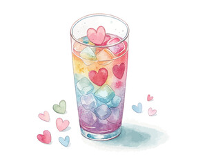 watercolor water glass with Heart-shaped Ice Cubes vector illustration isolated on white background