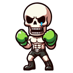 Cartoonish Detailed Skull Boxer Character with Green Gloves Illustration