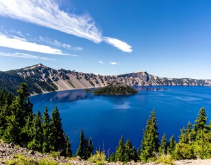 Panoramic view of a serene caldera lake
