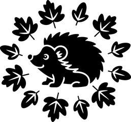 black silhouette vector of a cute hedgehog sitting among scattered autumn leaves