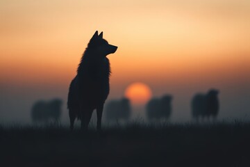Wolf disguised amongst sheep at dusk in the Field