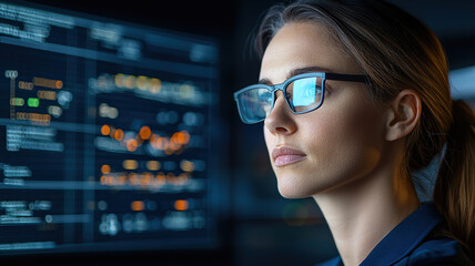 Focused corporate executive analyzing data on digital screen, showcasing determination and professionalism in modern office environment