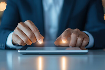 Engaging close up of corporate leader using tablet, showcasing modern technology and professionalism in business environment