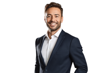 Portrait of a handsome young businessman in suit, smiling on face with glasses, isolated on transparent background
