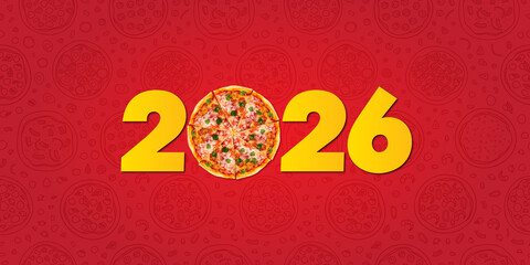 Happy New Year 2026 Number logo text concept for the restaurant, Pizza brand. Pizza can be used for restaurants, Pizza brands, Food charts, Celebrations of the new year, and pizza as a clock isolated