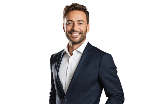 Portrait of a handsome young businessman in suit, smiling on face with glasses, isolated on transparent background