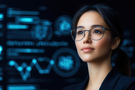 Focused digital analyst with glasses, surrounded by futuristic data visualizations, embodies innovation and technology in professional setting